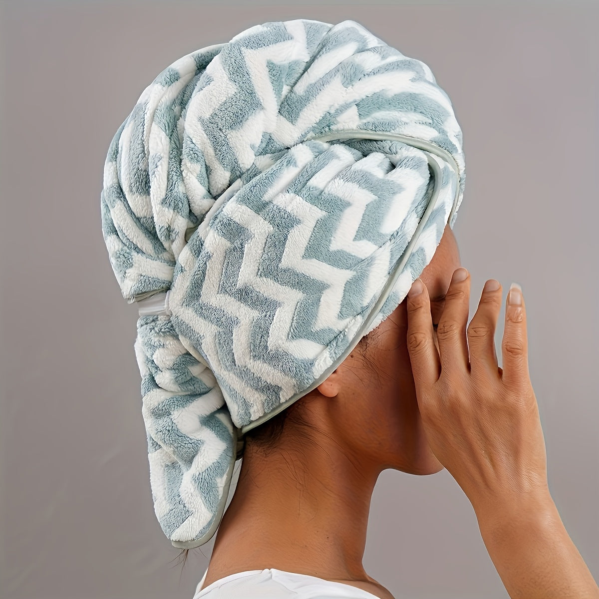 Ultra-soft hair towel wrap for women with quick dry and super absorbent features. Ideal for both long and short hair, with a modern geometric design - a bathroom essential.