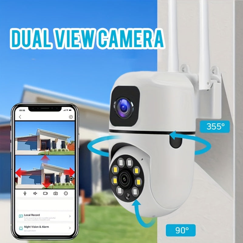 Smart security camera with dual rotating lenses for clear night vision and intelligent motion detection alarms. This camera also features two-way audio, 355 ° panoramic viewing, and operates on a 2.4GHz connection.