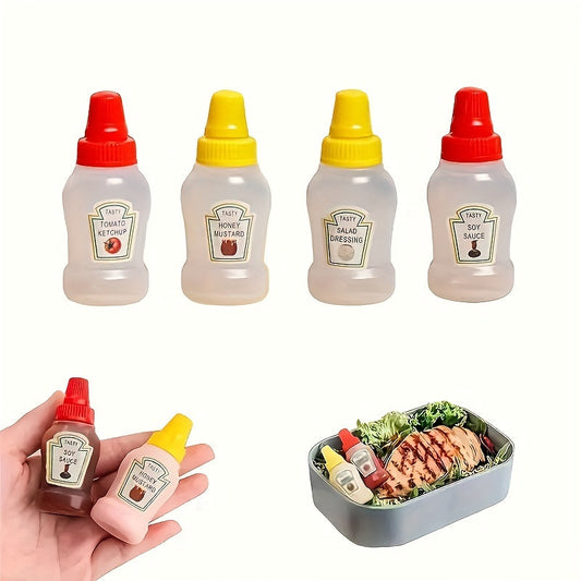 Set of 4 Portable Mini Sauce Bottles - Includes Honey, Ketchup, Mayonnaise, and Oil. Made from Food-Safe Plastic, Perfect for Camping, Office, School Lunches, or Car Sauce Holder.