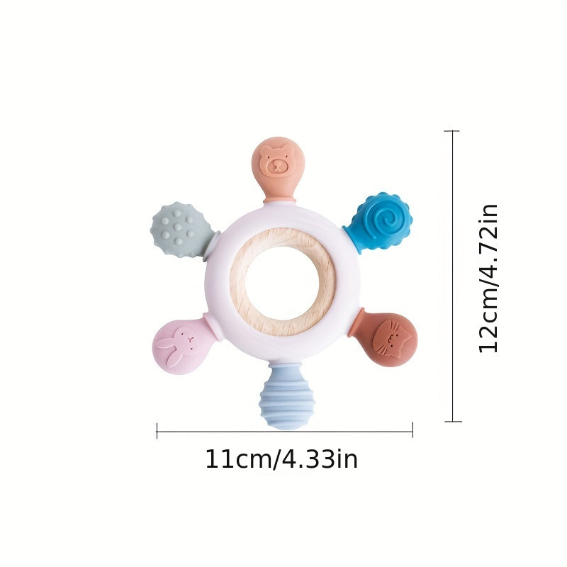 Silicone Baby Teether in Rudder Shape with Wooden Teether Ring for Touch Training, BPA Free Chew Toy for Newborns, Children's Dental Care Teething Toy - Perfect for Halloween, Thanksgiving, and Christmas Gifting.