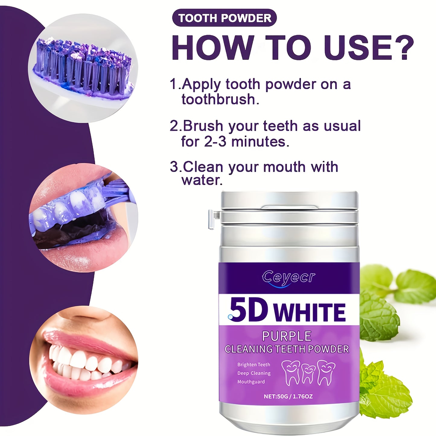 1pc CEYECR 5D White Purple Teeth Whitening Powder - Natural Pearl Formula, 50g - Ideal for Daily Use & Travel, Men & Women, Fresh Breath & Deep Cleaning.