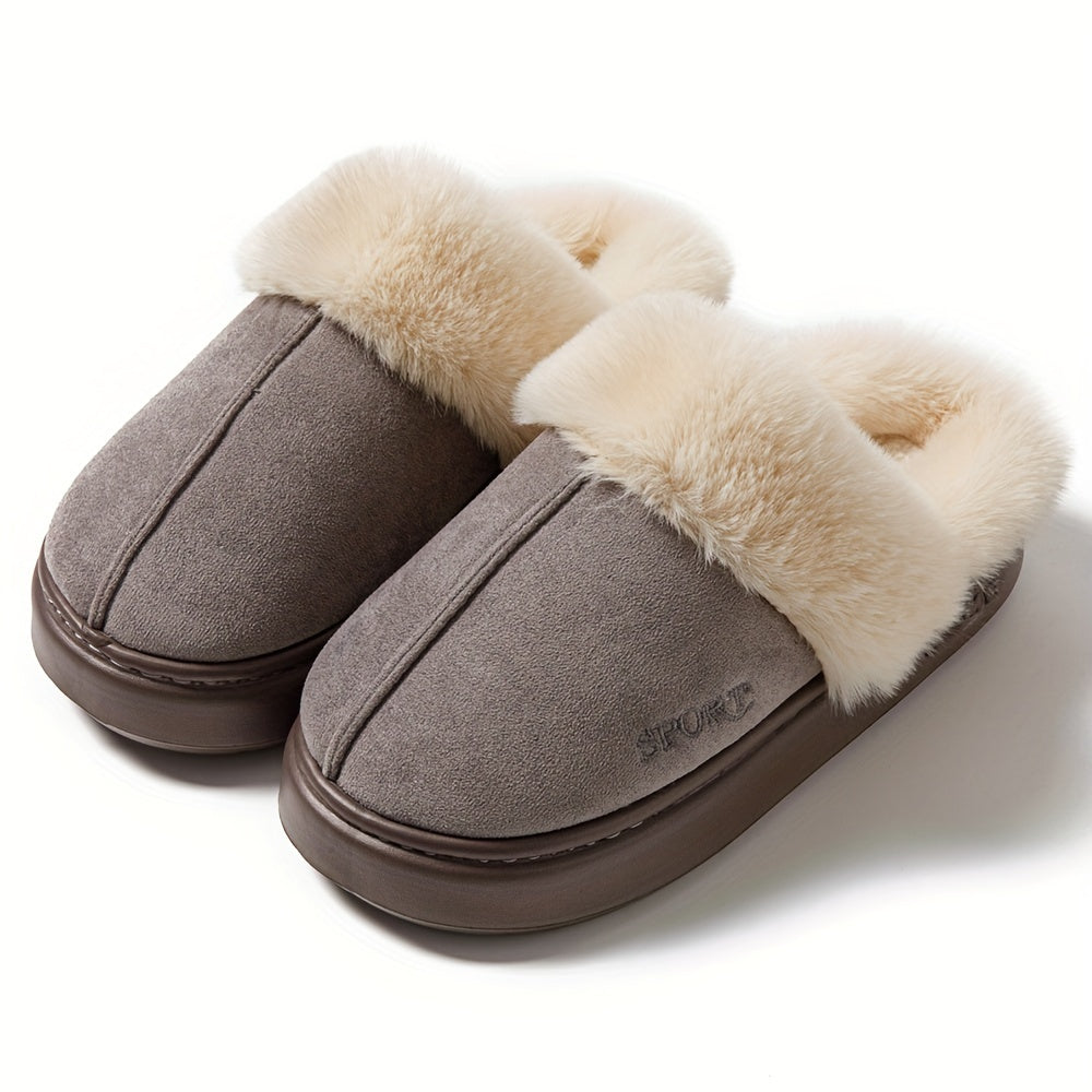 Women's winter slippers with warm, non-slip, thick-soled design, solid color, fluffy cuff, and ideal for indoor use in winter.