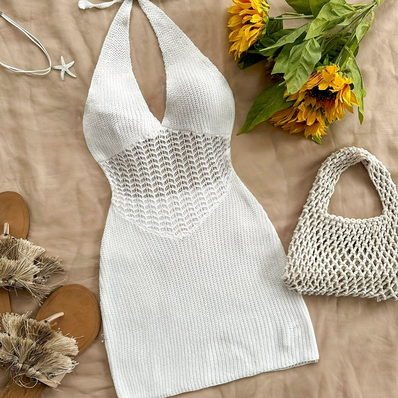 White halter tie neck backless cover up dress with a vacay style, knit fabric. Feminine swimwear and clothing for women.