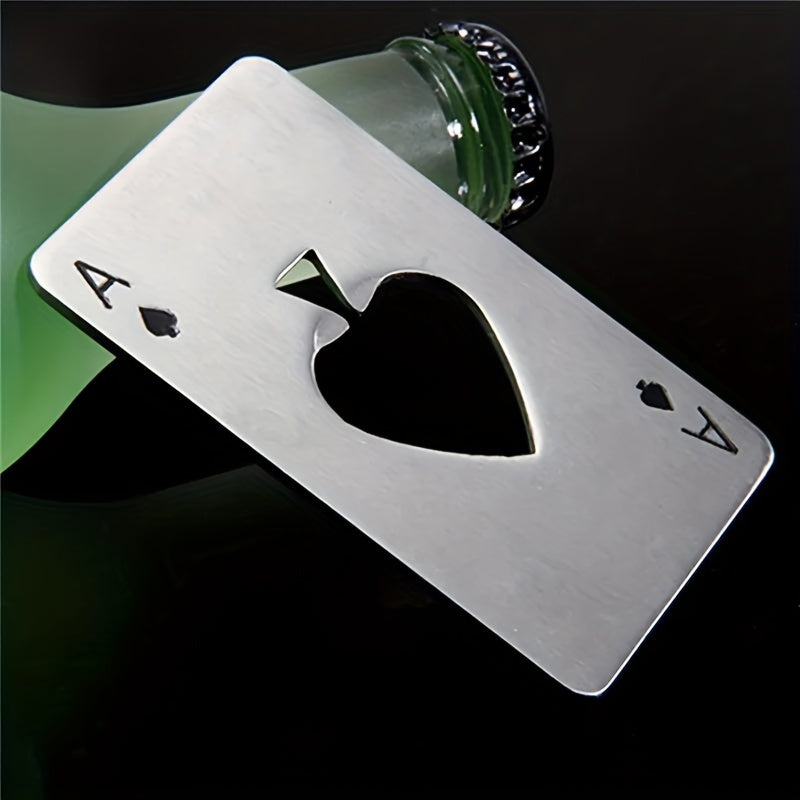 Stainless steel, credit card-sized bottle opener designed like a poker chip, perfect for bars and restaurants, makes a great gift.