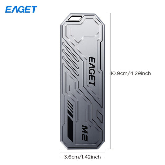 EAGET Aluminum M.2 NVME SSD Enclosure, portable external hard drive case for PCs and Macs, supports up to 4TB, includes Type-C to USB-A and Type-C data cables for storage.