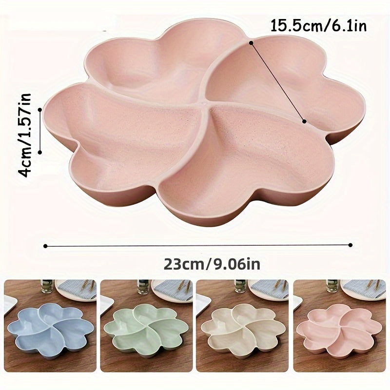 4 durable heart-shaped party snack serving trays in blue, green, beige, and pink. Perfect for organizing snacks at parties and gatherings. Made of lightweight plastic.