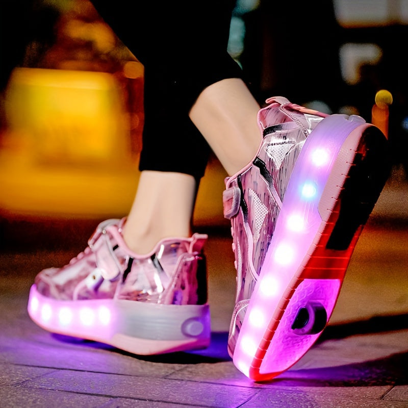 Pink LED light-up roller skates for girls with rechargeable batteries, adjustable brightness, star pattern, double wheels, and hook-and-loop fastener closure, suitable for all seasons.