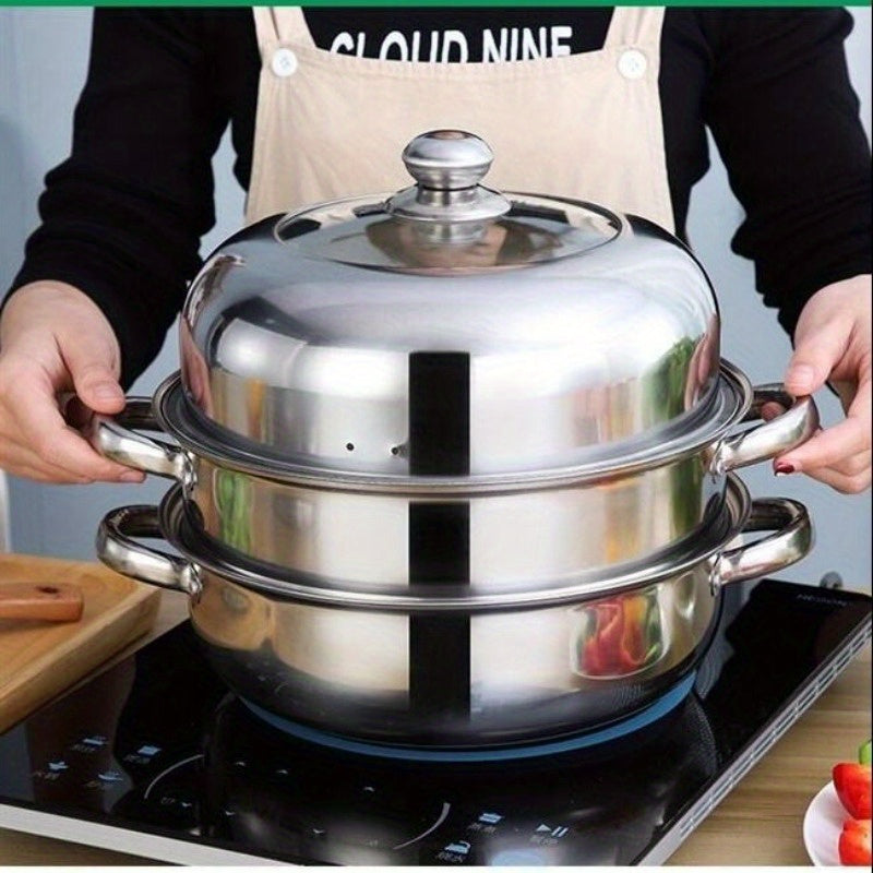 3-tier stainless steel steamer pot with fast heat conduction and multi-stove compatibility, durable and practical design with non-stick coating