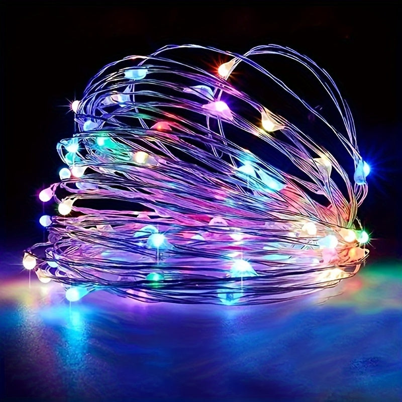 Battery powered LED fairy string lights in copper wire available in 30, 50, and 100 LED options for party and Christmas decor, no plug needed.