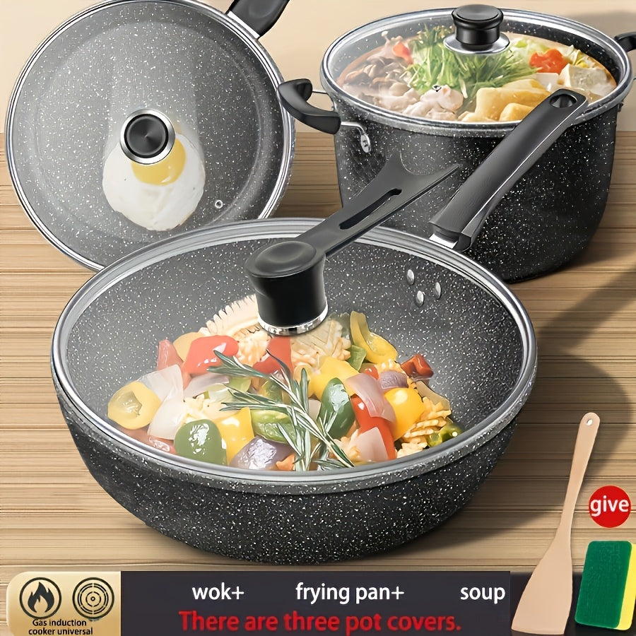 Set of 3 Maifan Stone Non-Stick Cast Iron Cookware Pieces, Suitable for All Stove Types, Hand Wash Only, Comes with Lid - Must-Have Kitchen Set