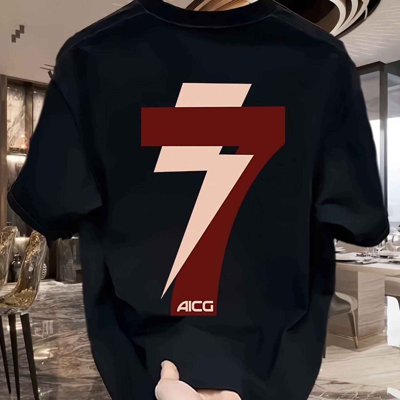 AICG Brand Plus Size Men's Cotton Crew Neck T-Shirt with Asymmetrical Hem and Alphabet Print, Loose Fit for All-Season Wear