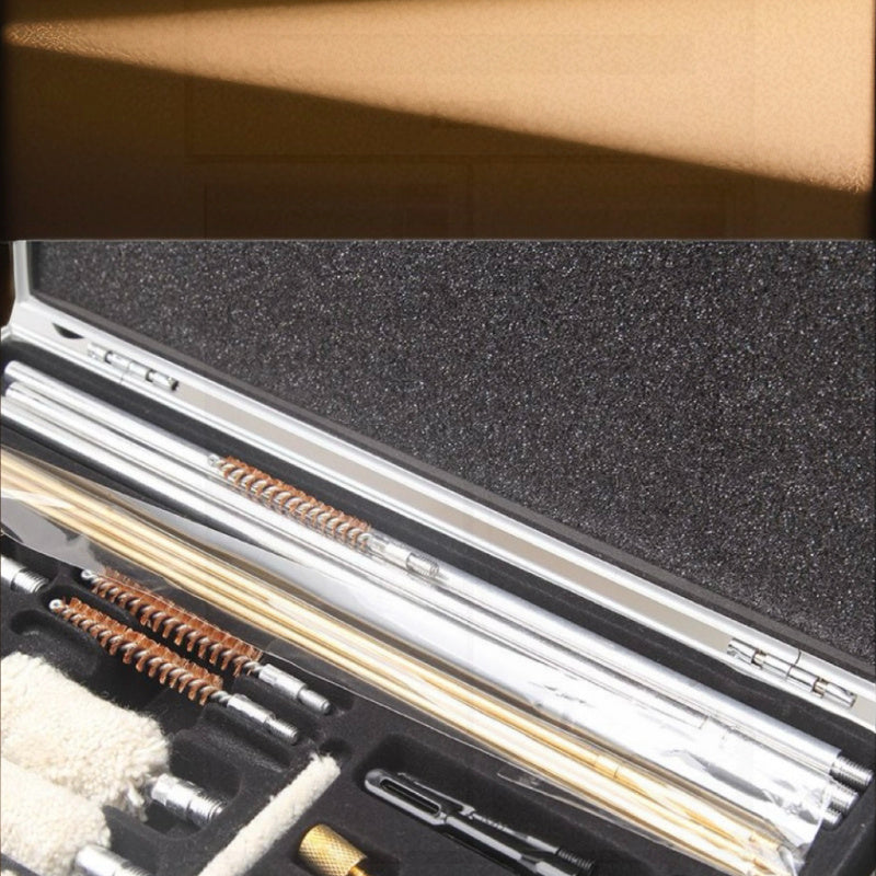 Durable plastic material gun cleaning kit with aluminum alloy case, unflagged bristle brushes, copper wire, and patches. Multipurpose set suitable for car, toilet, and kitchen cleaning.