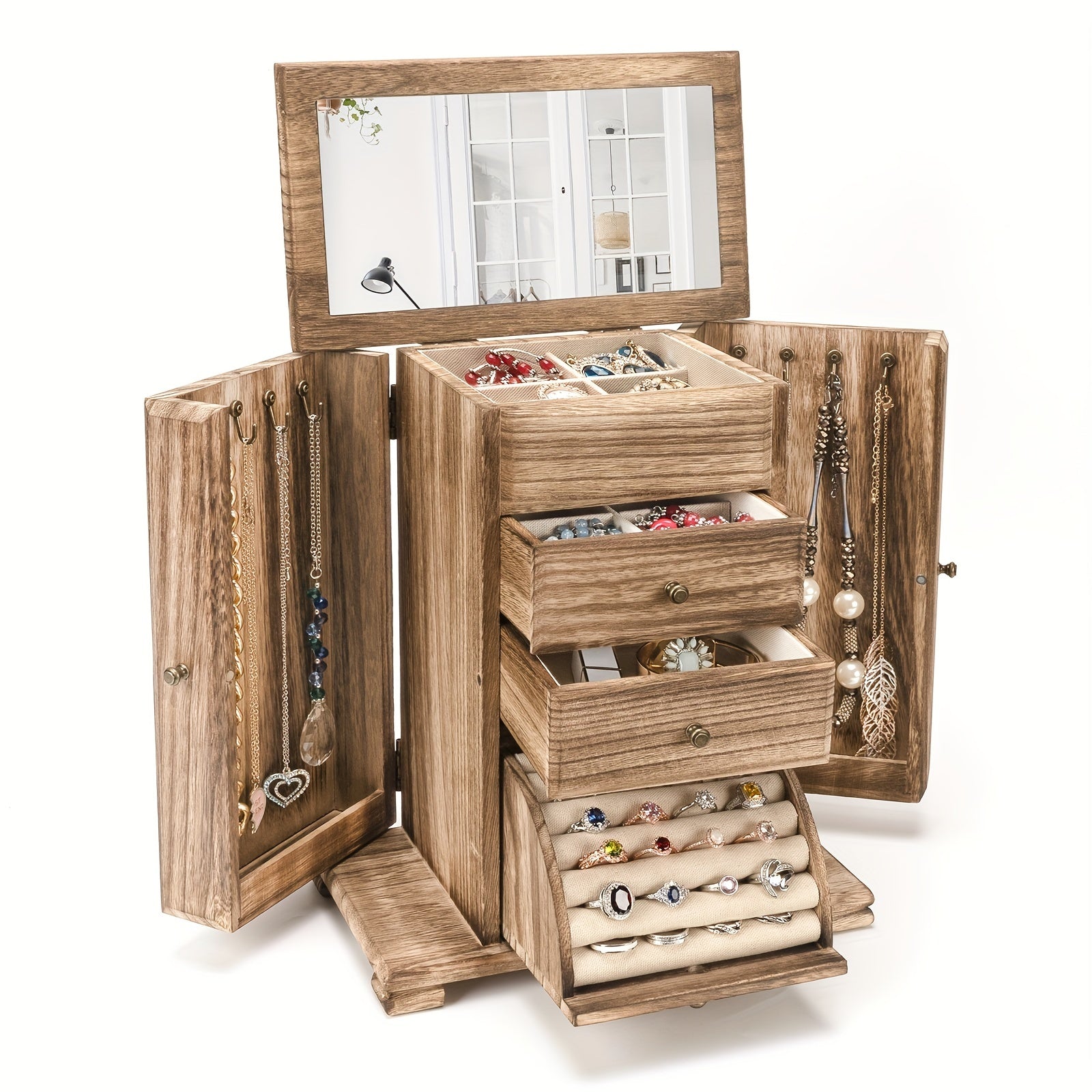 1pc Rustic Wooden Jewelry Box with Mirror and 4 Layers for Organizing Rings, Earrings, Necklaces, and Bracelets.