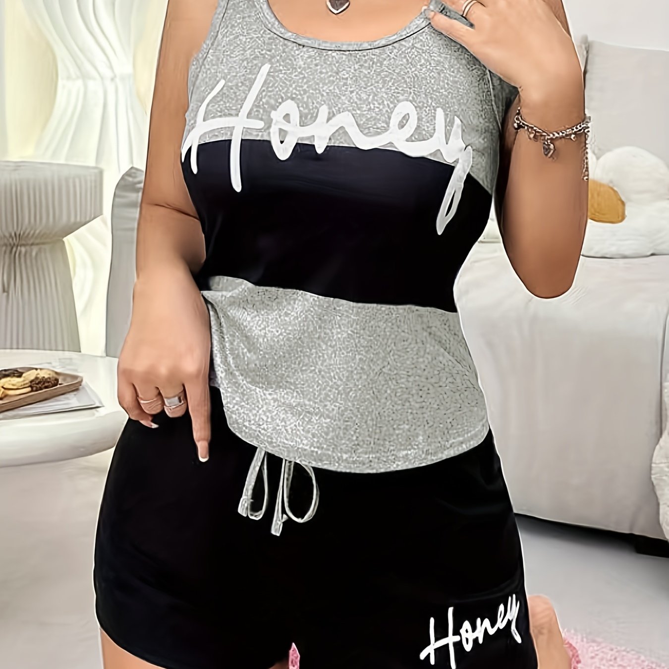 Women's Casual Letter Print Tank Pajama Set - Comfortable Polyester Blend, Non-See-Through, Summer Sleepwear with Drawstring Shorts