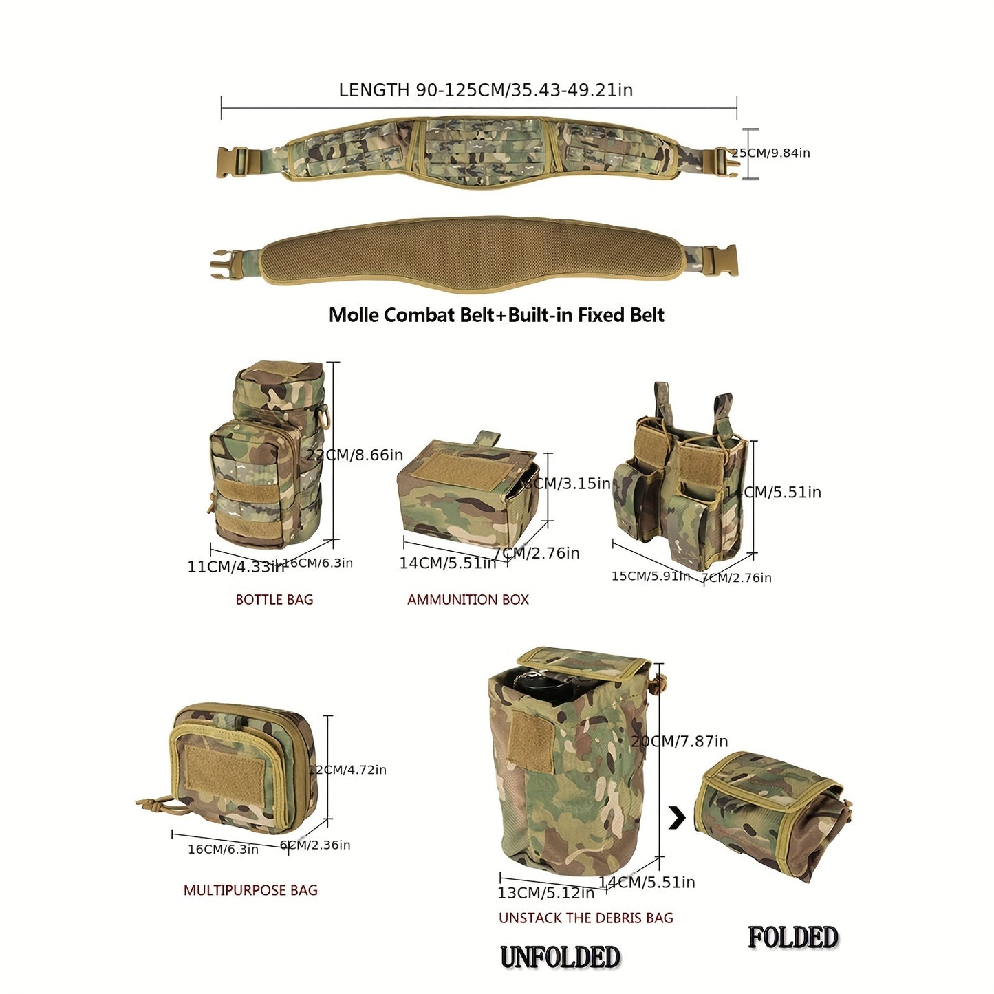 BOMTURN Tactical Utility Belt Set with MOLLE System includes 7 pieces of camouflaged polyester gear suitable for hunting and fishing.