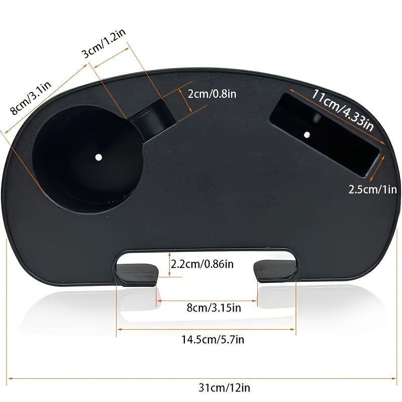 Accessory tray for zero gravity chairs featuring a cup holder and phone slot. Made of durable plastic in black color. Non-electric. Compatible with most recliners. Includes a universal clip-on table.