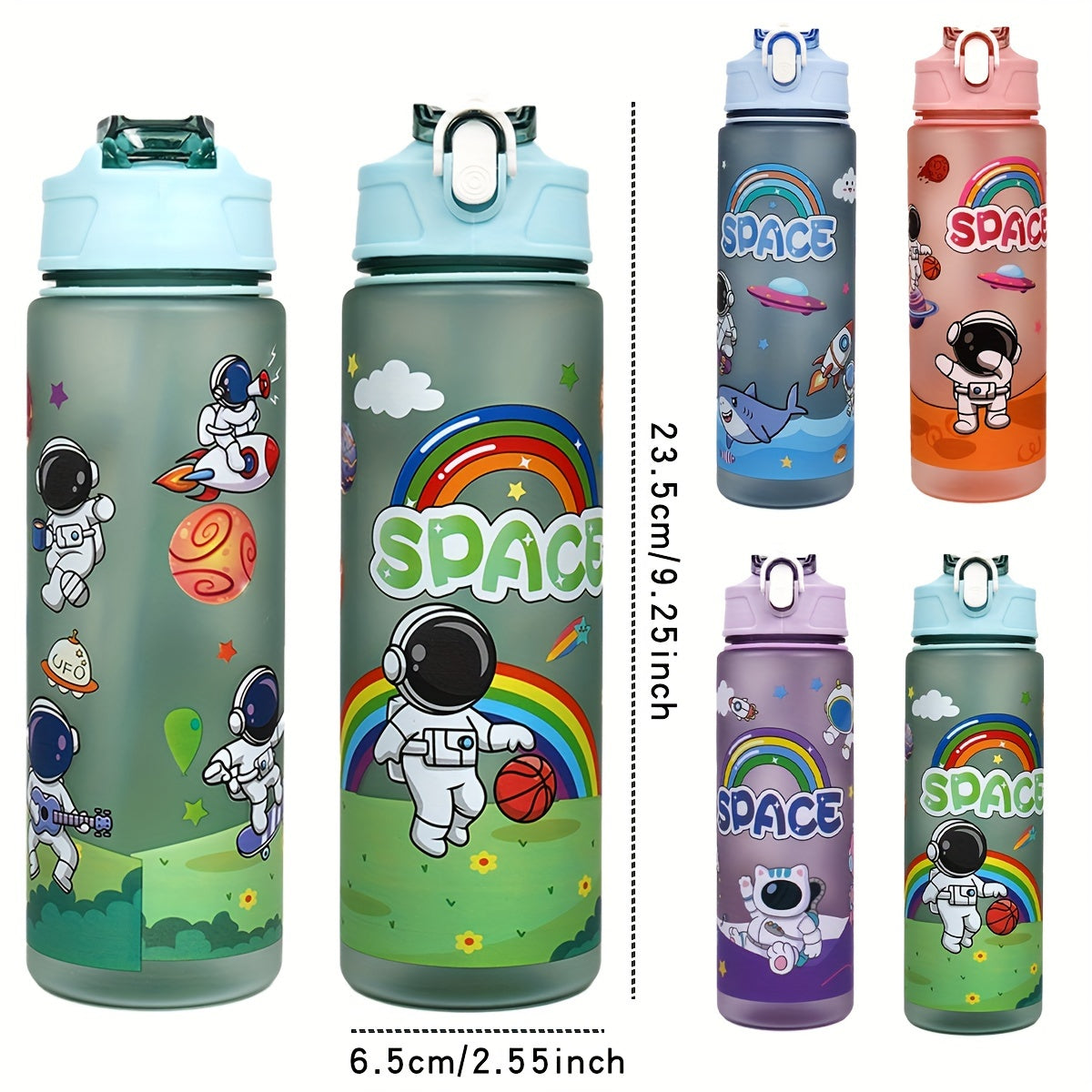 Durable 21oz astronaut water bottle with straw, BPA-free plastic. Ideal for outdoor activities and school with space-themed design.