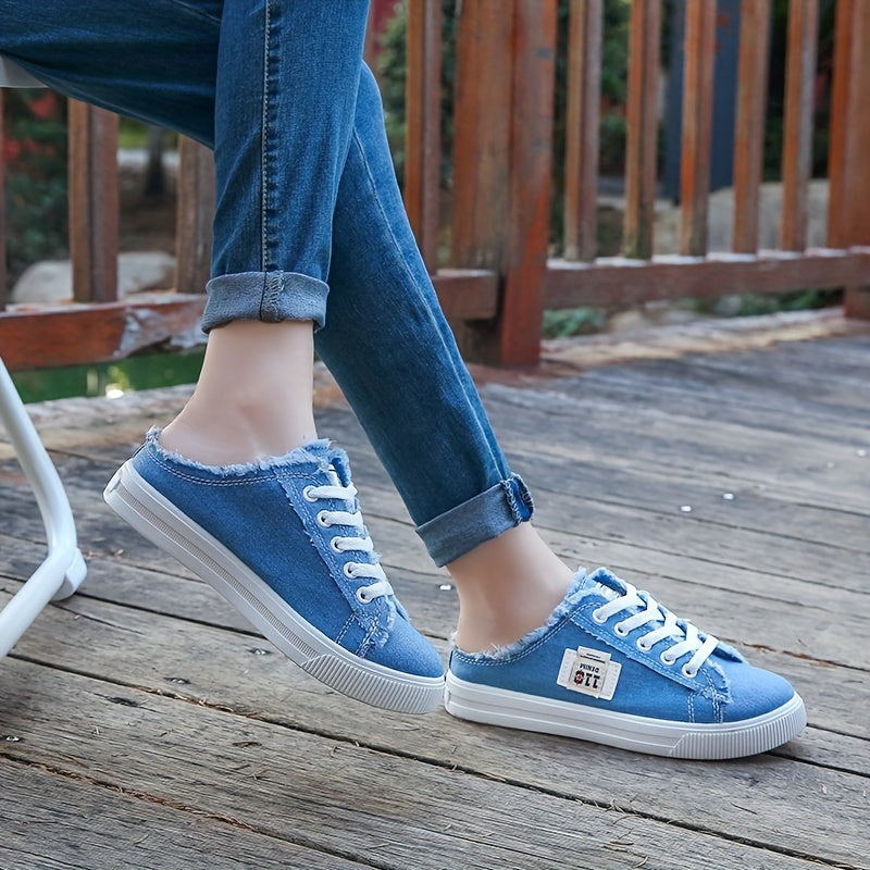 Fashionable solid color platform canvas shoes with a round toe, lace-up design, and breathable slip-on feature, ideal for casual summer wear.