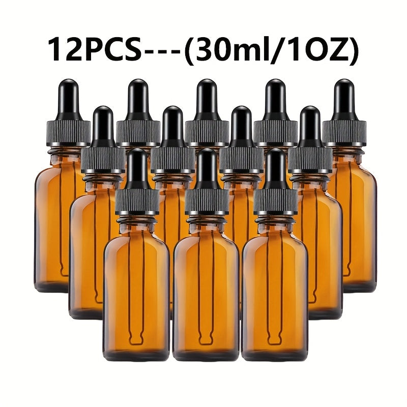 12/6 amber glass dropper bottles with teal glass droppers, in 30ml and 60ml sizes. Ideal for cosmetics, perfumes, essential oils, and lab dispensing.