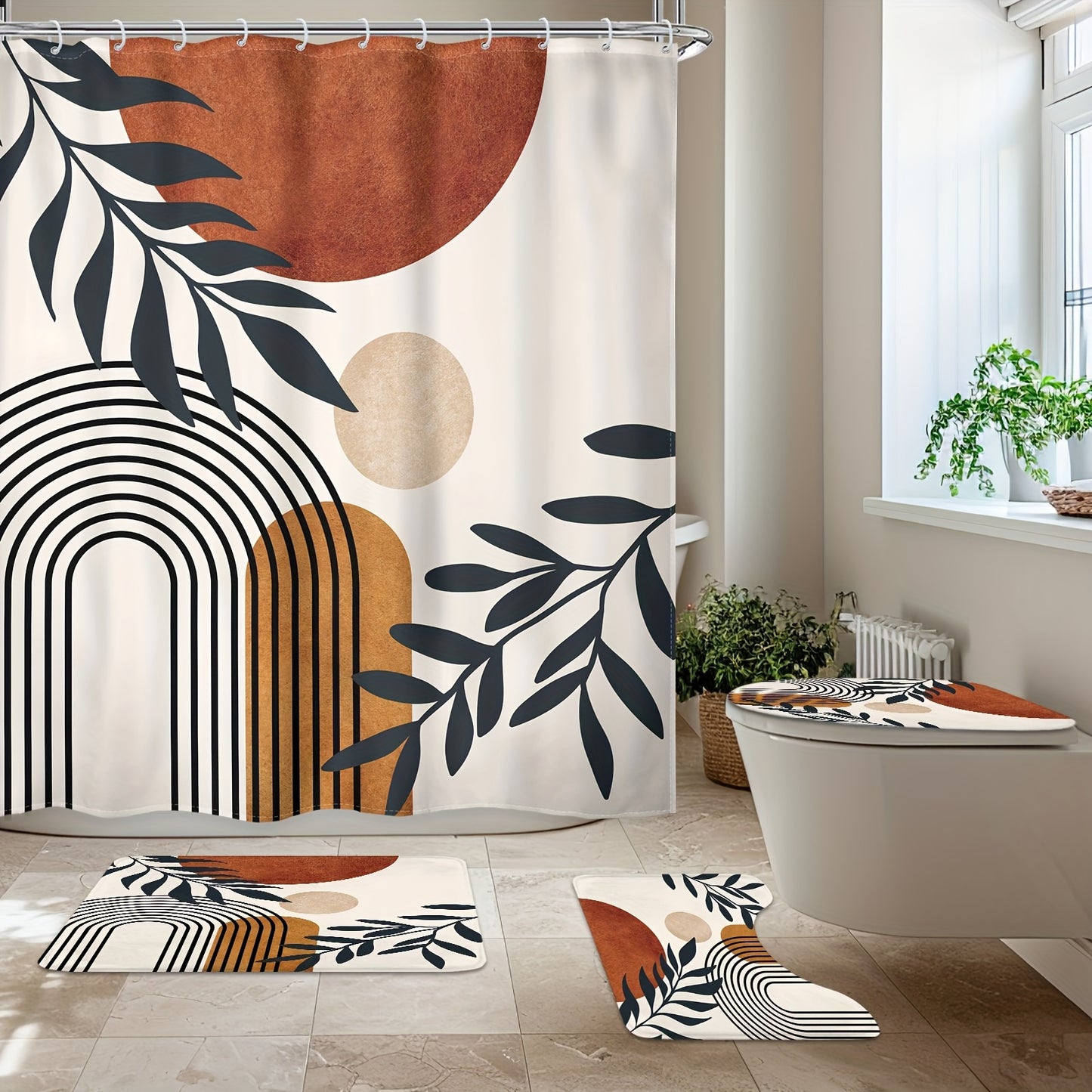 Bohemian abstract medieval shower curtain set includes 1 waterproof curtain, 12 hooks, non-slip bath mat, U-shaped toilet mat, lid mat, and bathroom accessories. Features brown geometric leaves and arched sun plant decoration in a neutral modern