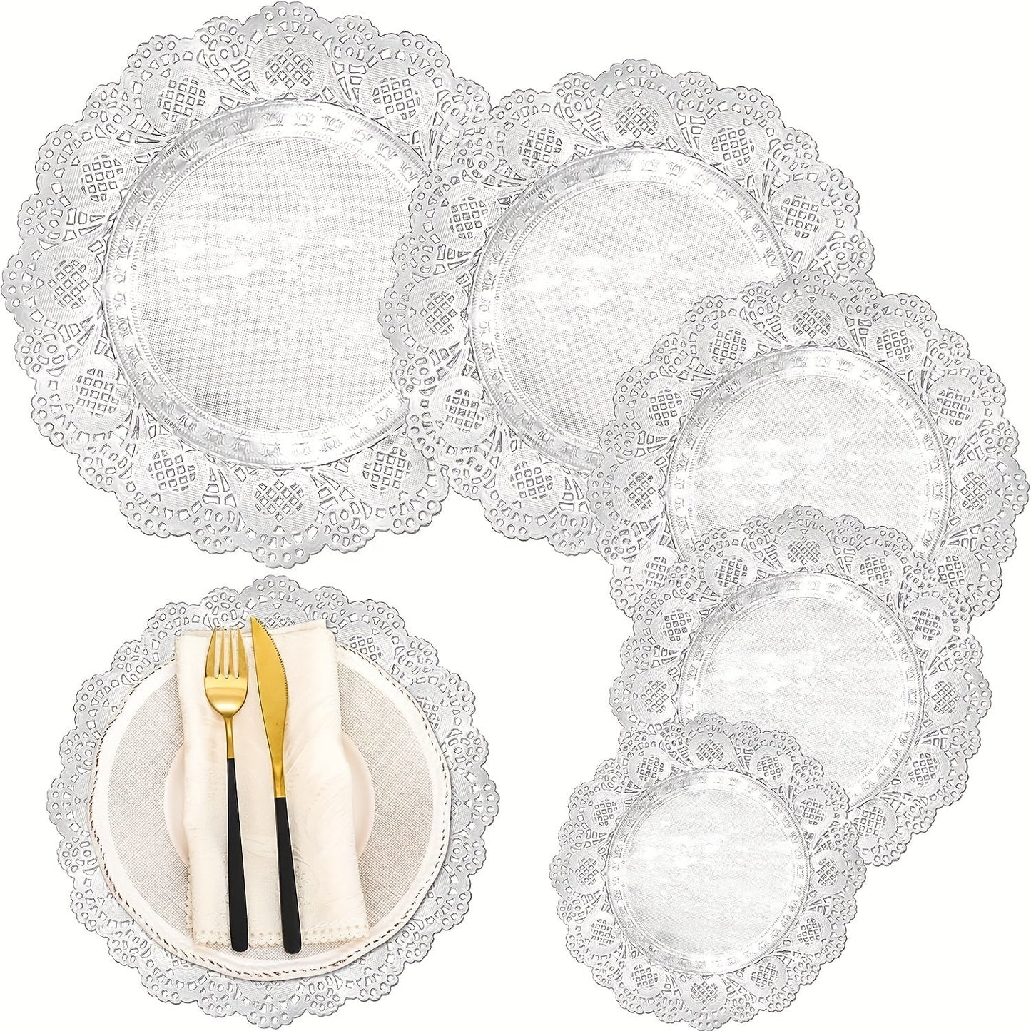 Pack of 100 Silver Lace Round Paper Doilies - Disposable Machine-Made Decorative Mats for Desserts, Fried Foods, Wedding Tables, Christmas Cakes, and Packaging.