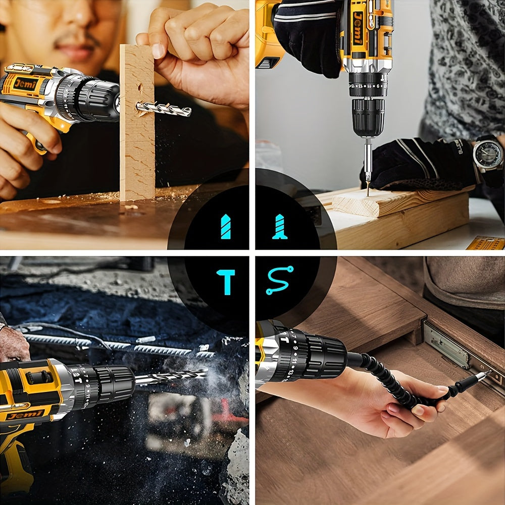 Jemi Tool 21V Cordless Drill Set with 23pcs and 3/8" Keyless Chuck, featuring 25 3 Clutch Drill with Work Light, Max Torque 45Nm and 2 Speeds.