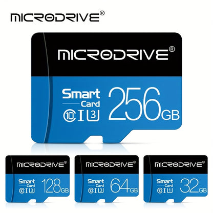 Microdrive Blue Class 10 TF Memory Card is available in 32GB, 64GB, 128GB, and 256GB with U3 support, includes an SD adapter for smartphones and DVRs.