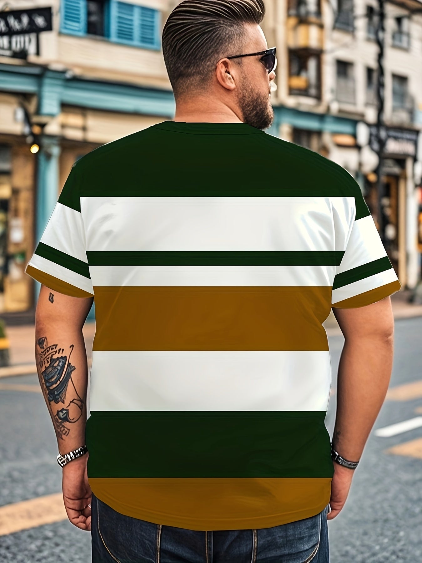 Men's 3D Striped Print T-shirt with crew neck, short sleeves, slight stretch, all-over print, regular fit, 140g/m² knit fabric, and available in plus size.