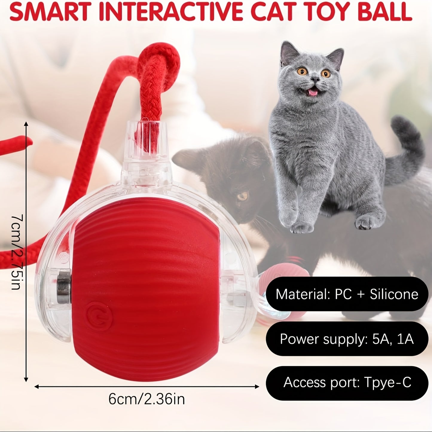 360° Smart Rolling Pet Ball Toy for Cats and Dogs - Interactive Indoor Play, USB Rechargeable, Red Silicone Ball with Rope Handle, Cloud Pattern Design, Fast Carpet Rolling, All Breed Sizes