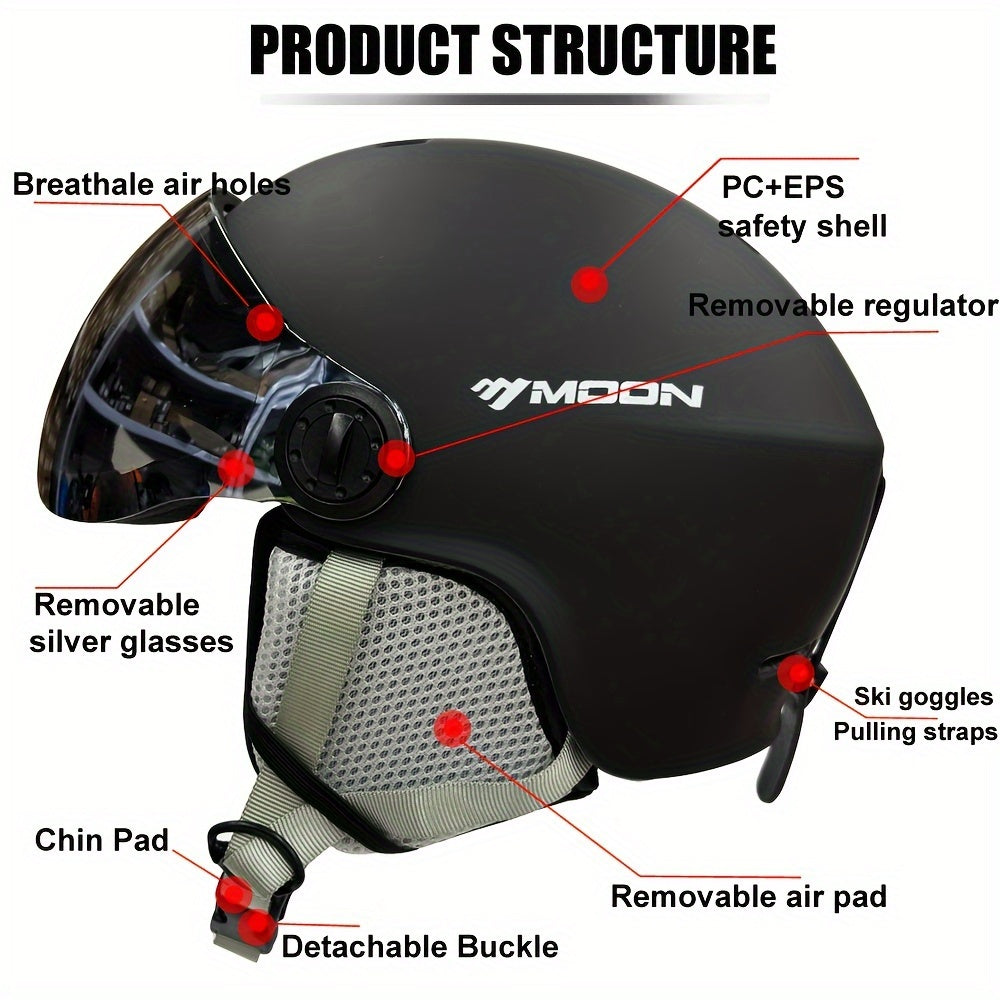 Moon Ski Helmet with Goggles offers all-around protection for outdoor sports like snowboarding and skateboarding. Features include a PC+EPS construction, universal fit, integrated visor