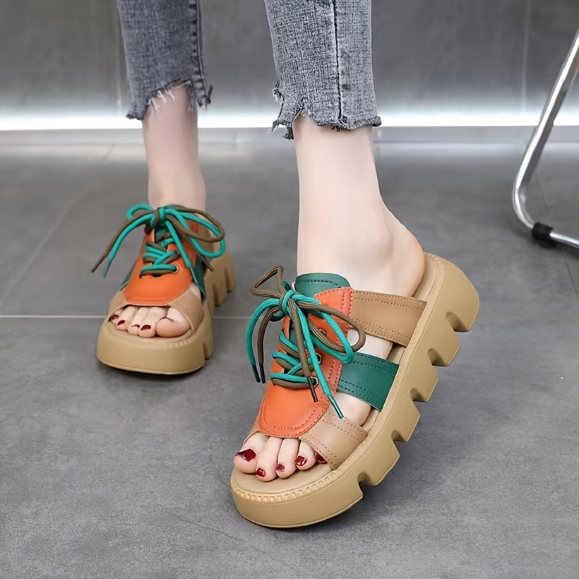 Casual lace-up slide sandals for women in colorblock design, open toe, and comfortable fit for summer.