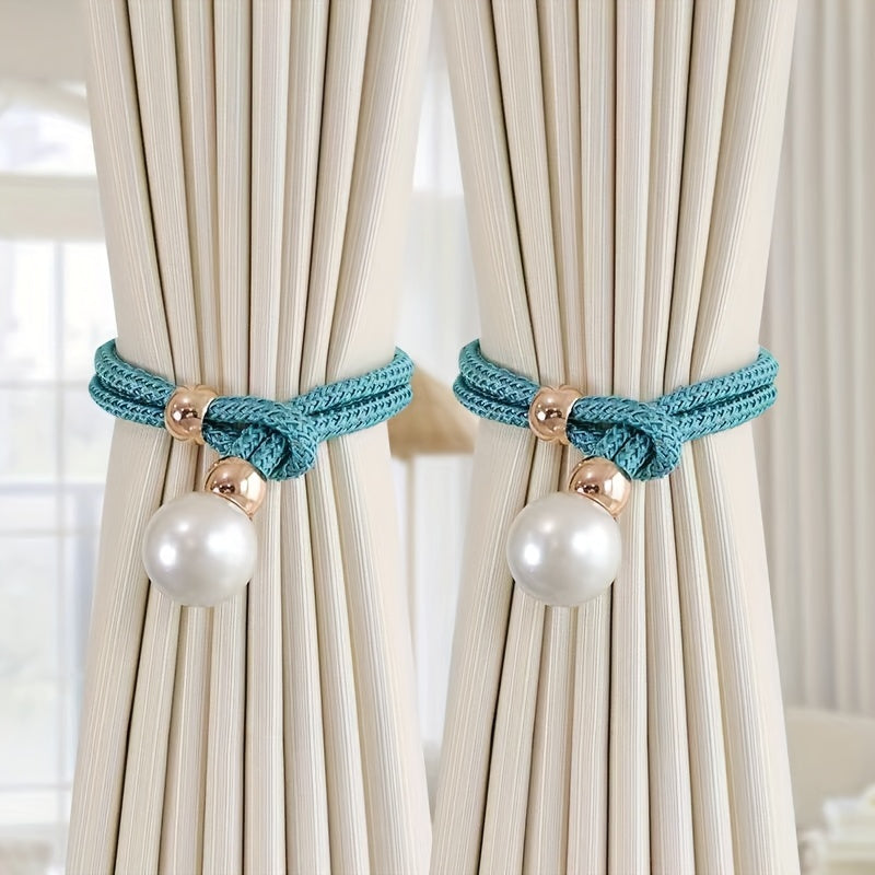 Set of 2 French Curtain Straps Featuring Faux Pearl Decor, Perfect for Home Decoration. Use these Faux Beads Curtain Straps to Adjust, Bind, or Tie Back Your Curtains. These Simple Binding Rope Accessories serve as Curtain Holdbacks for a stylish touch.