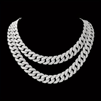 [Bestselling] Men's 15mm Golden Cuban Link Chain Necklace, Miami Hip Hop Style with Iced-Out Faux Diamonds, High-Quality Zinc Alloy Material