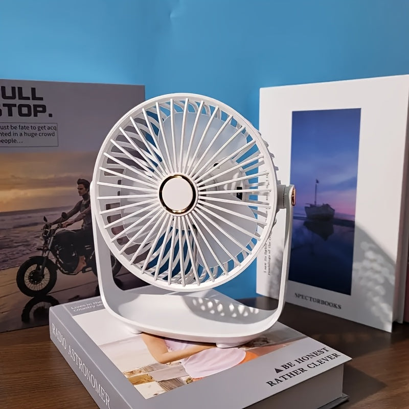 Mini desktop fan with night light, USB rechargeable and 5-speed settings. Perfect for home, office, bedroom, dorm, and more. Great for indoor and outdoor use. Makes a practical gift for summer, school, birthdays, Christmas, fishing, camping, and travel.