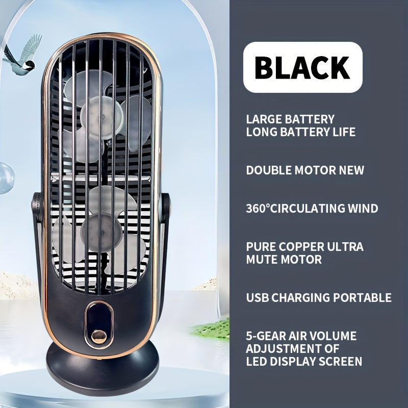 Get maximum airflow with the 720° Oscillation Table Fan, featuring dual motors for powerful performance. This portable fan offers 5-speed settings for quiet operation and is made of sturdy plastic material. With USB charging and a built-in lithium