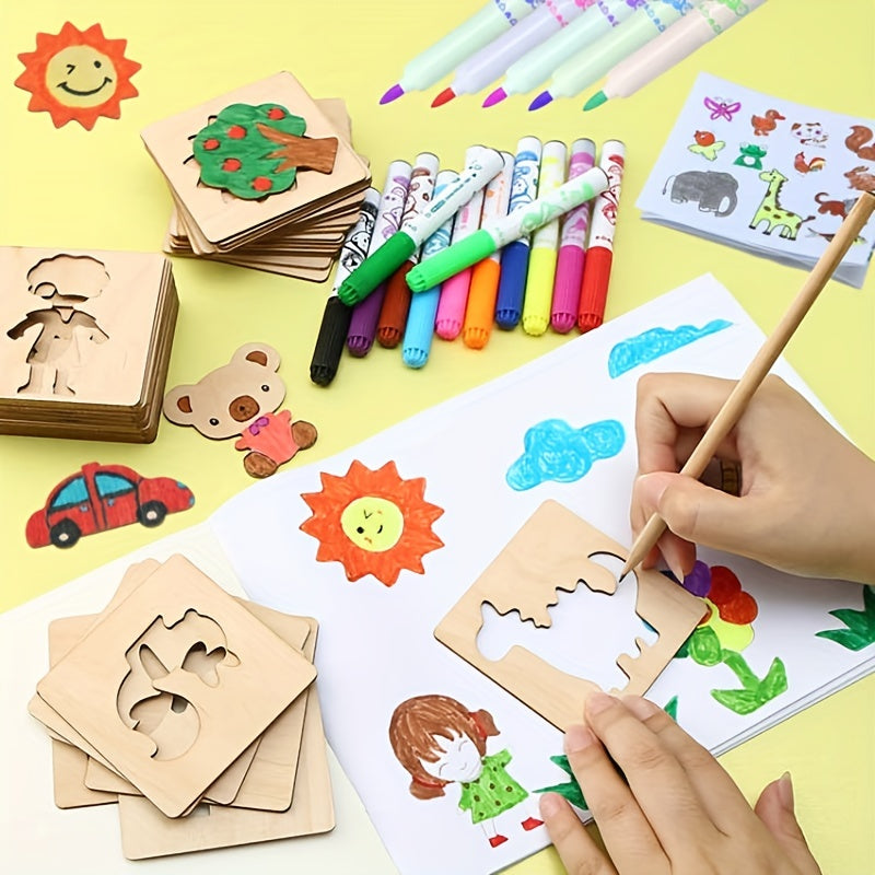 20 wooden stencils for drawing, reusable and in 20 different shapes, ideal for all seasons including winter and New Year. Craft kit for DIY arts and crafts.