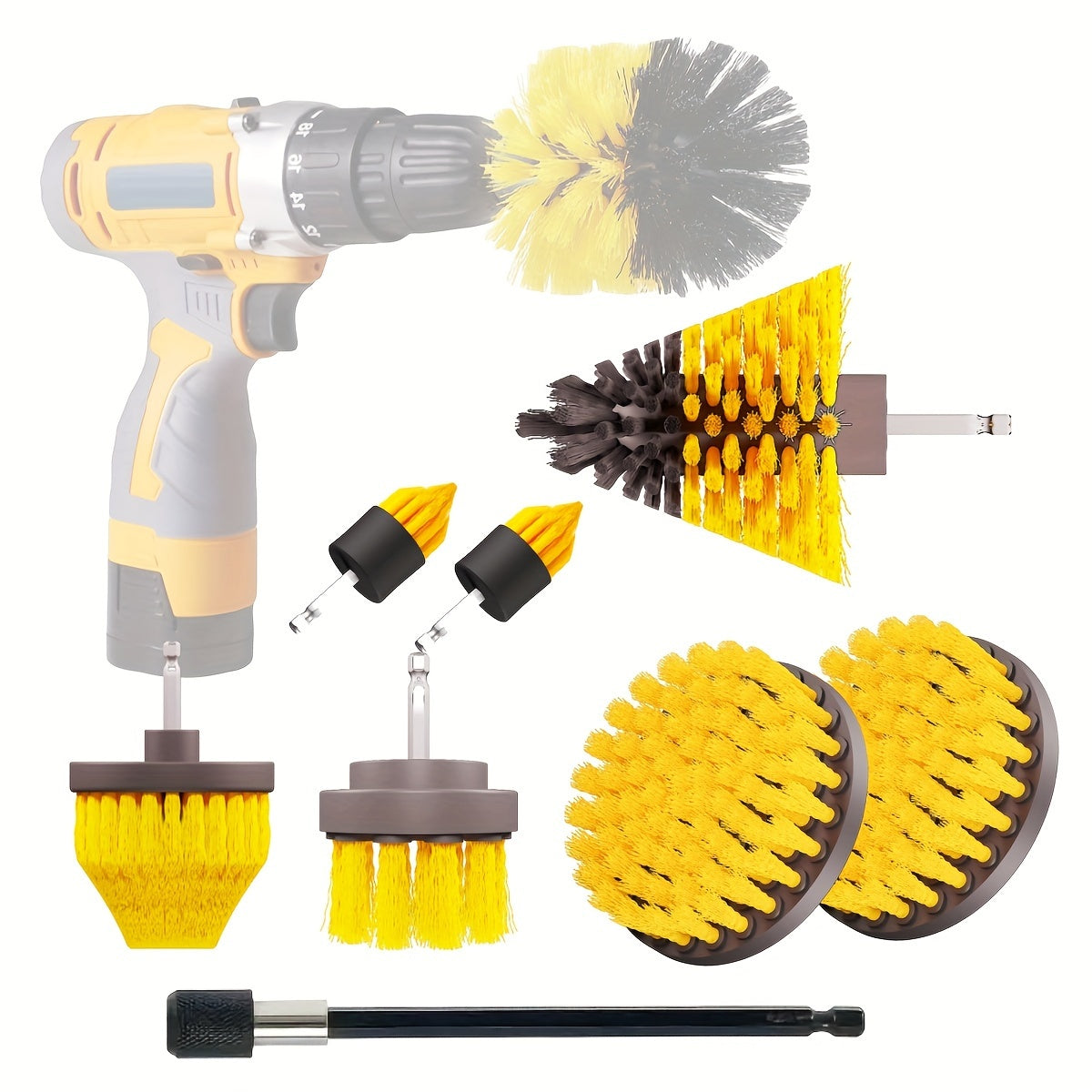 Get a package of Drill Brush Attachments with Cleaning Pads in sets of 3, 8, 10, 13, or 16. This Multi-Purpose Electric Scrubber is perfect for use in bathrooms, on floors, tiles, grout, and for car detailing.