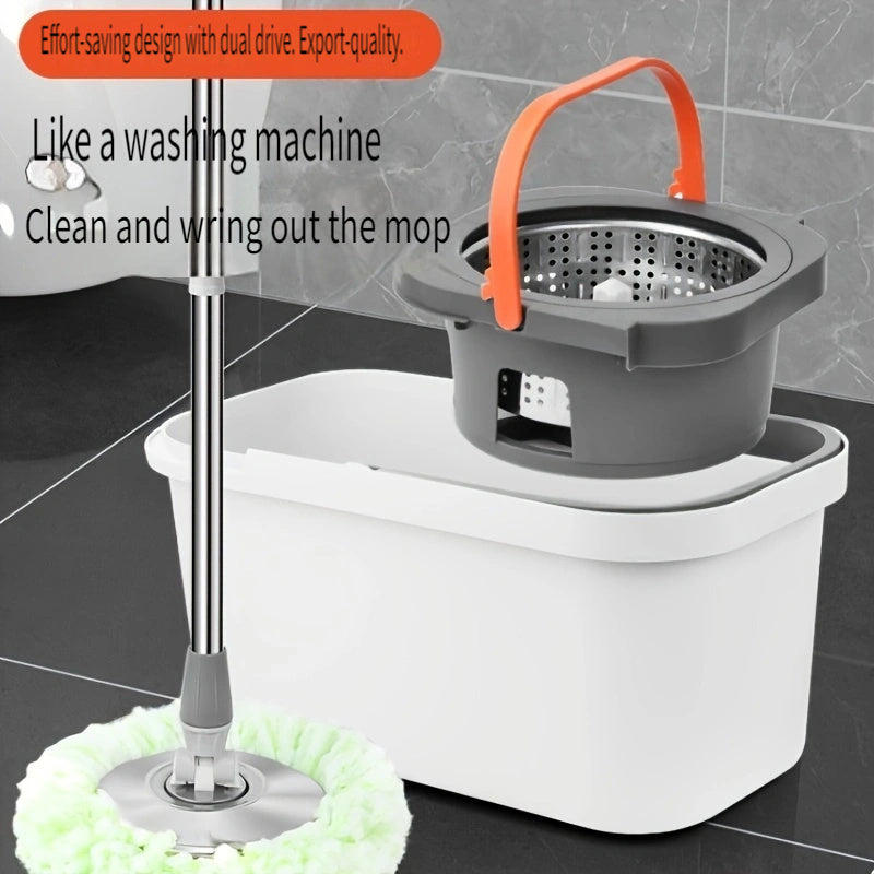 Qulay va samarali, Easy-Clean Spin Mop va Chelak to'plami qo'l bilan yuvish uchun 2 yoki 4 ta mikroto'qima pad bilan birga keladi. Oshxonalar, hammomlar, yog'och pollar va plitkalar uchun ideal.