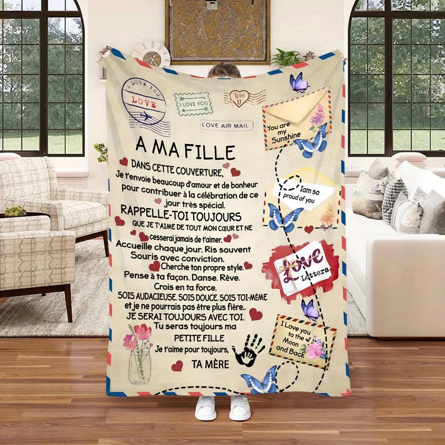 This personalized French Letter Envelope Print Flannel Throw Blanket is the perfect gift for your daughter. Featuring a soft knitted all-season cozy blanket with a personalized text message design, this blanket is made of polyester and has a lodge style.