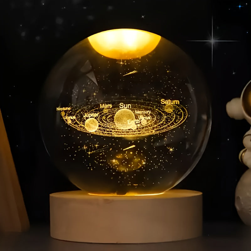 3D Crystal Ball with Solar System & Moon Engraving - USB Powered, Space Decor for Home and Office