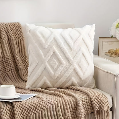 Cream white Bohemian faux fur pillow cover with geometric pattern, zipper closure, soft and fluffy, ideal for sofa, bedroom, and car decor. Does not include pillow insert.