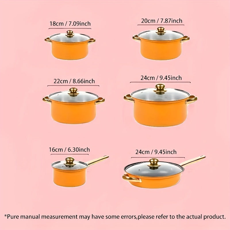 Orange 12-Piece Stainless Steel Cookware Set for Home Use - Includes Soup Pot, Frying Pan, Milk Pot, and More for Versatile Cooking