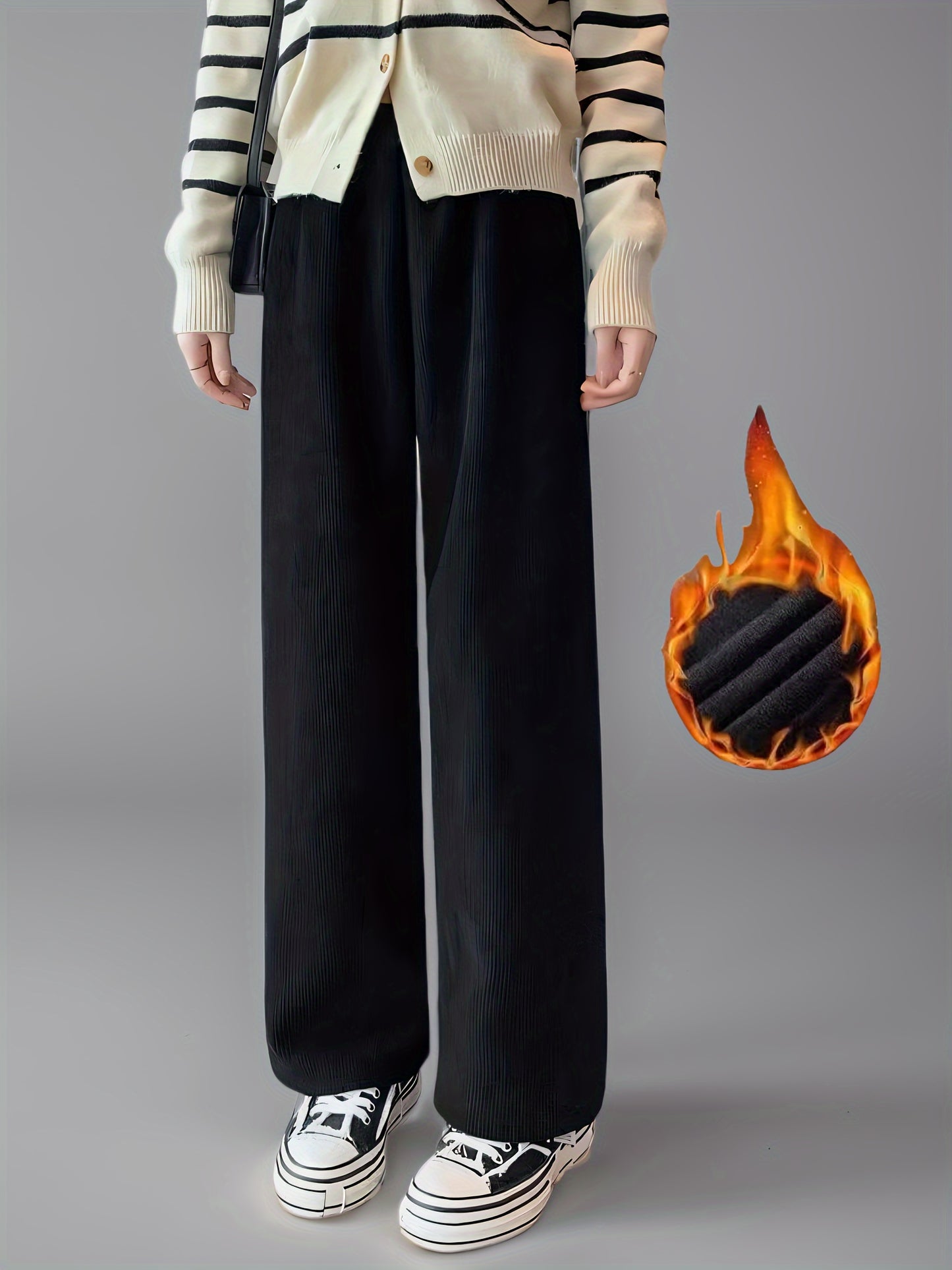 Women's high waist wide leg pants with fleece lining for winter warmth and comfort. Stylish and slimming design.