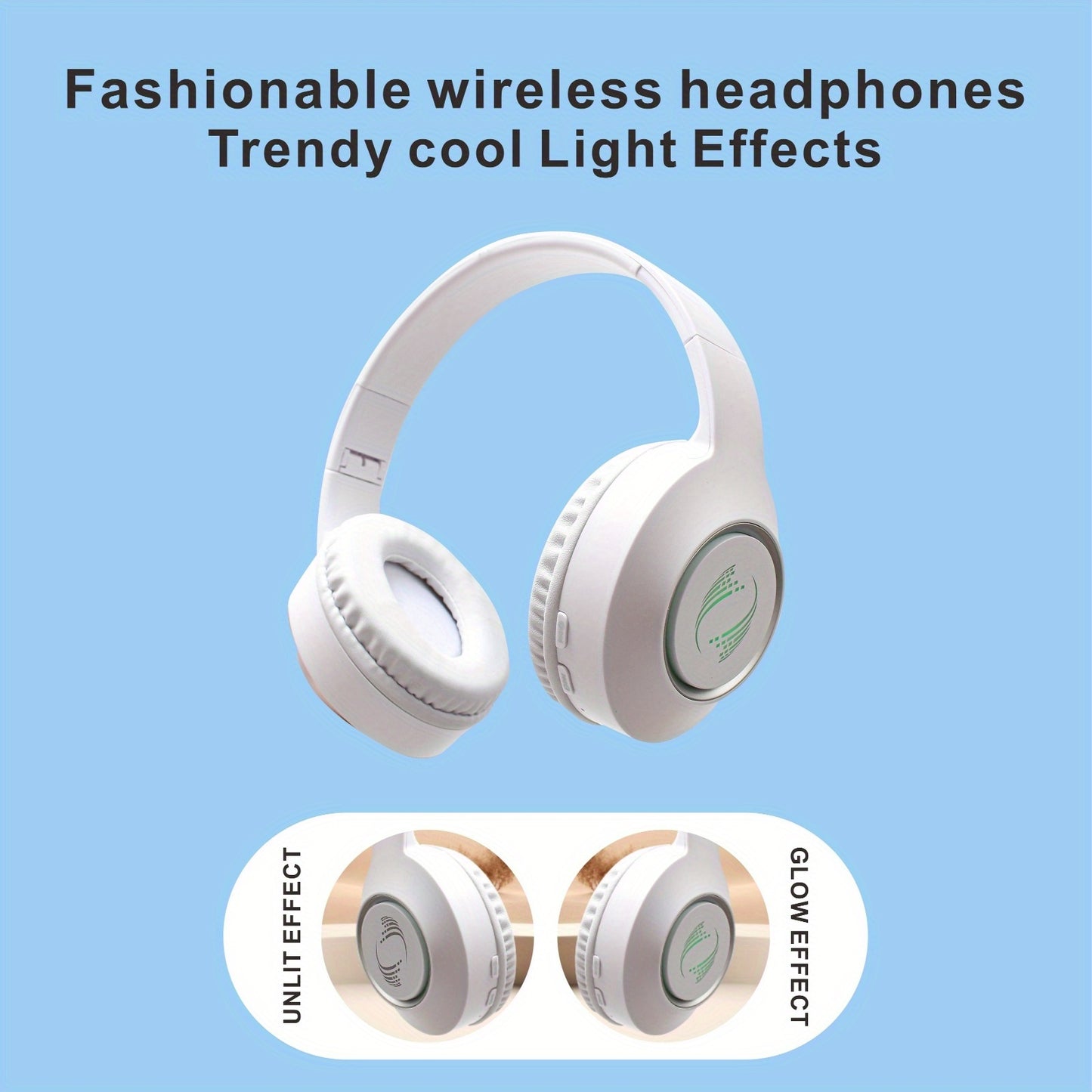 Wireless over-ear headphones with LED lights, long battery life, high fidelity stereo sound, compatible with 3.5mm jack, wireless function, capacitive microphone, for gaming, running, adult