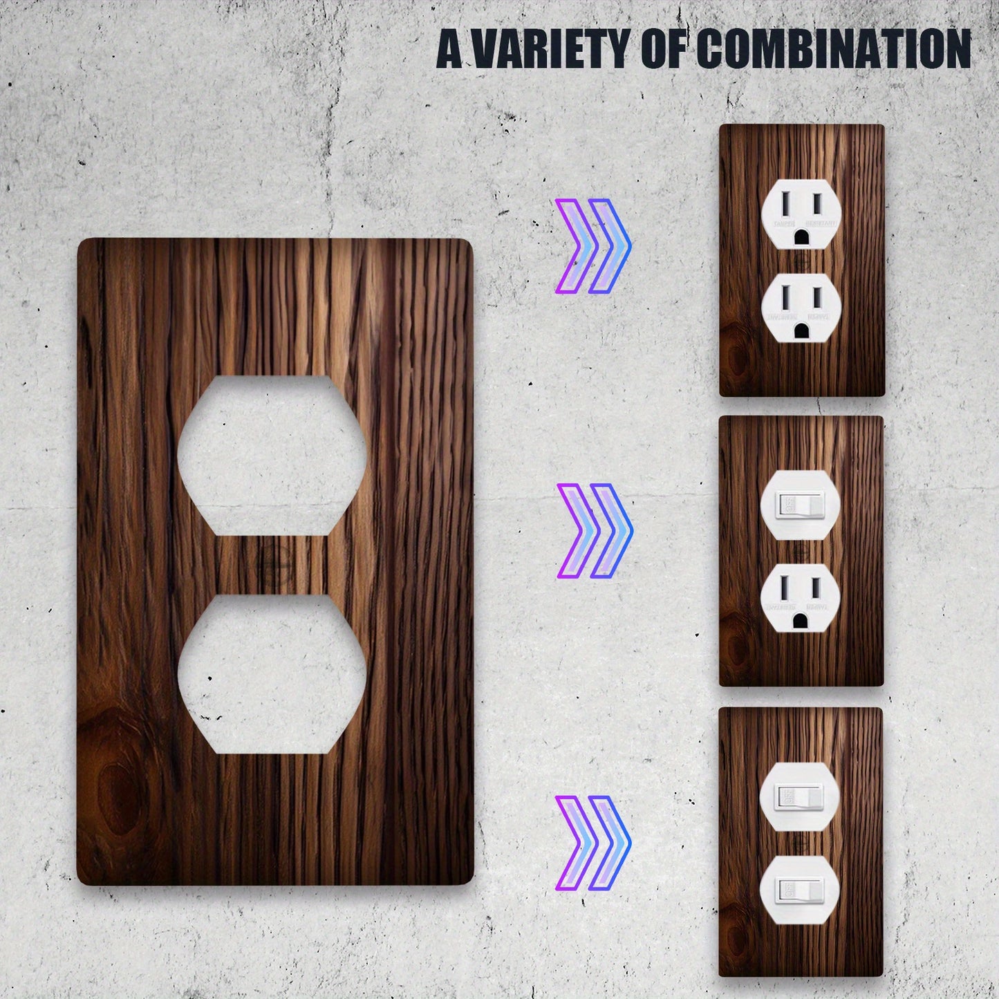 Wood grain wall plate cover for light switches, no power required, easy to clean, available in 1-gang or 2-gang sizes.