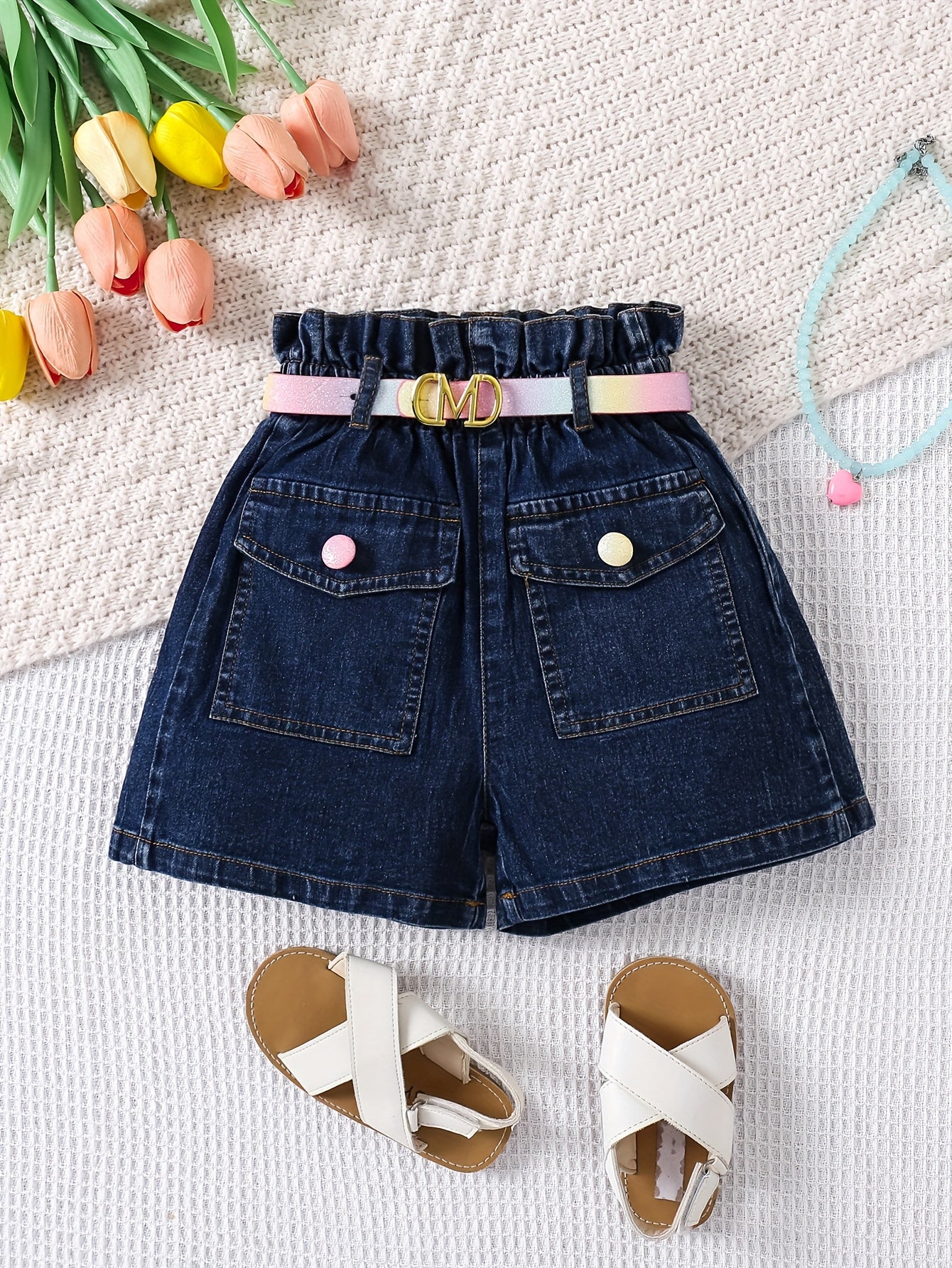 [Casual Joy] Girls' High-Waist Stretch Denim Shorts with Adjustable Belt - Comfy & Casual with Pockets, Ideal for Spring/Summer/Fall, Playful Youngsters Apparel|Cute & Durable Fabric