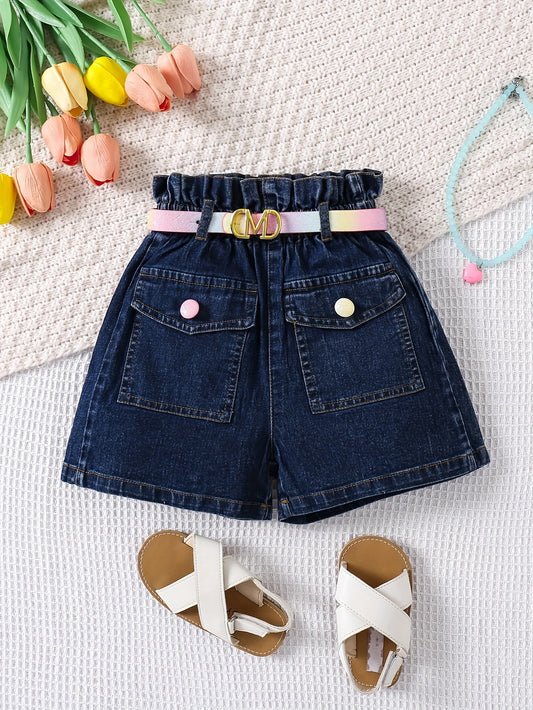 [Casual Joy] Girls' High-Waist Stretch Denim Shorts with Adjustable Belt - Comfy & Casual with Pockets, Ideal for Spring/Summer/Fall, Playful Youngsters Apparel|Cute & Durable Fabric