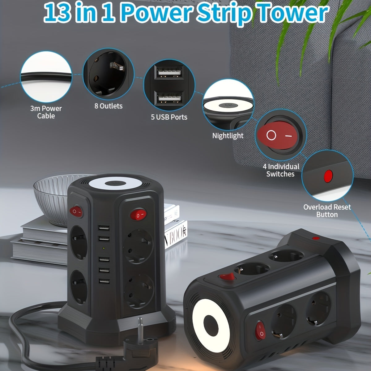 Multi-socket power outlet with 5 USB-A ports, 8 sockets, 4 independent switches, and 3 meters extension cable for home and office use.