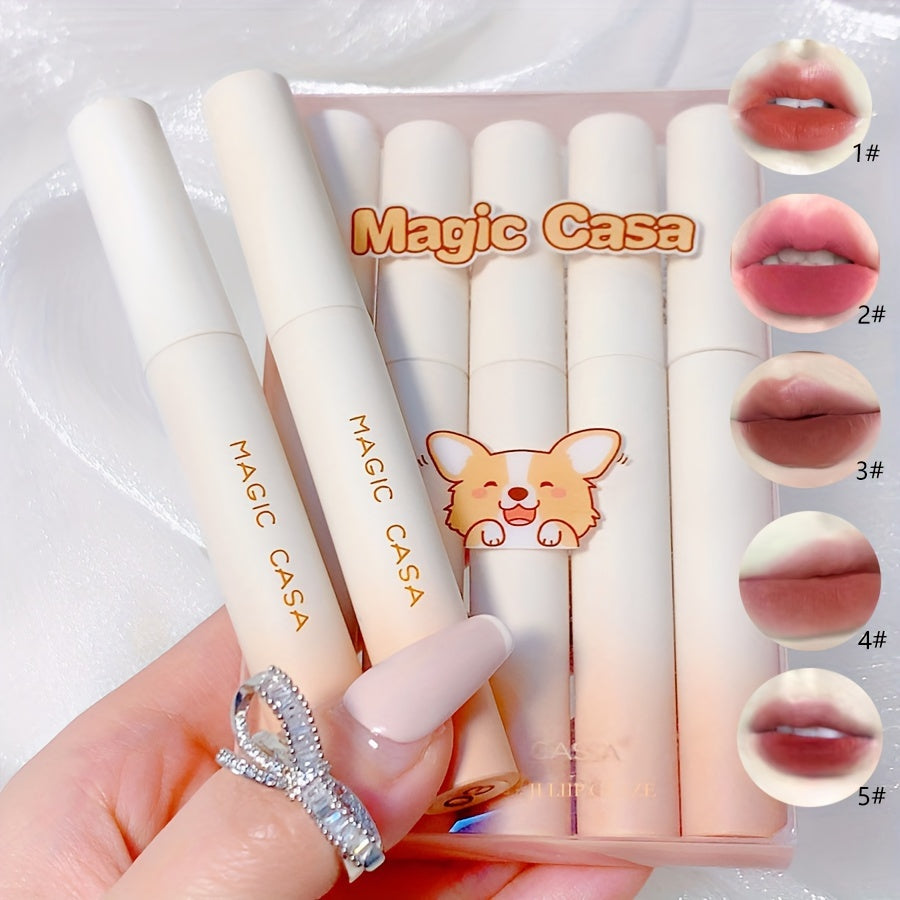 Matte velvet lip gloss set with 5 long-lasting colors for students, waterproof and non-fading, with Koji finish in PVC box packaging.