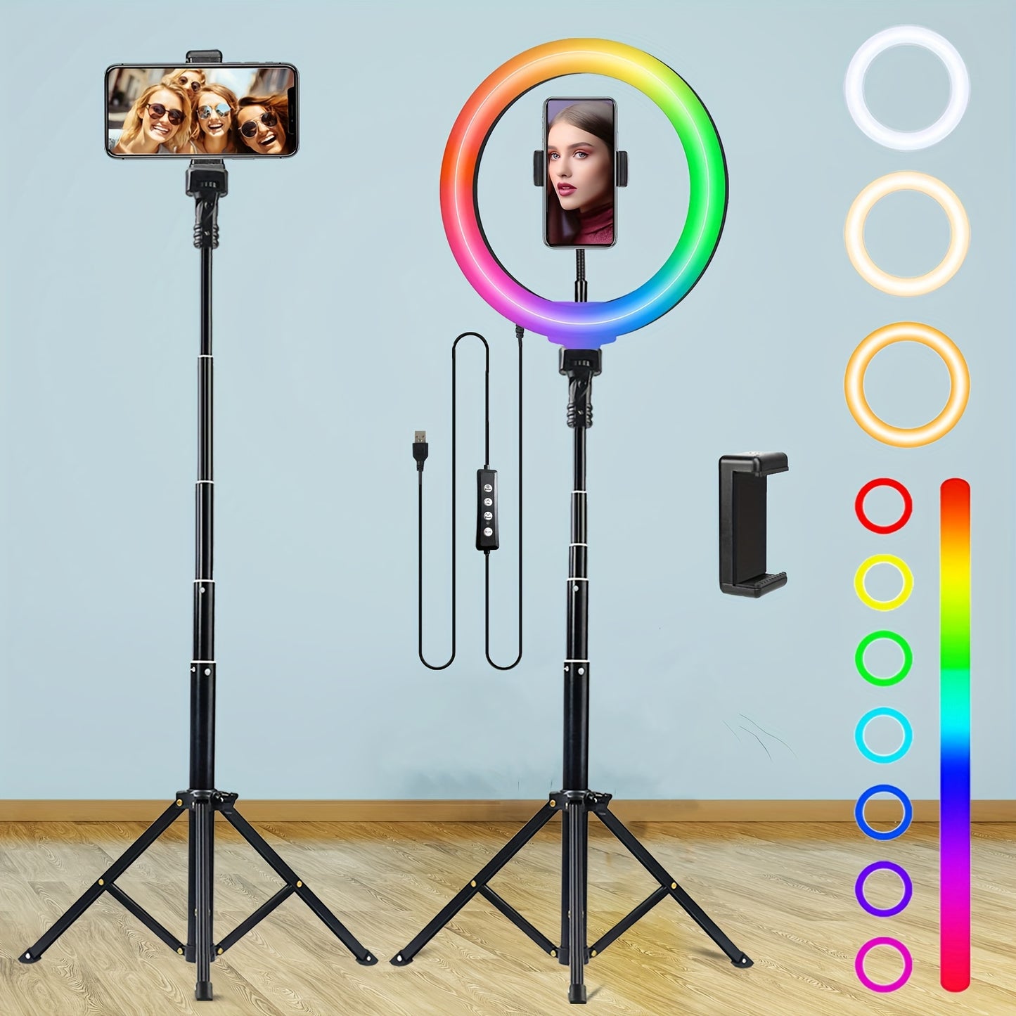 A 132.08 cm tripod with a 25.4 cm ring light, expandable and dimmable LED selfie light for makeup, live streaming, and photography.